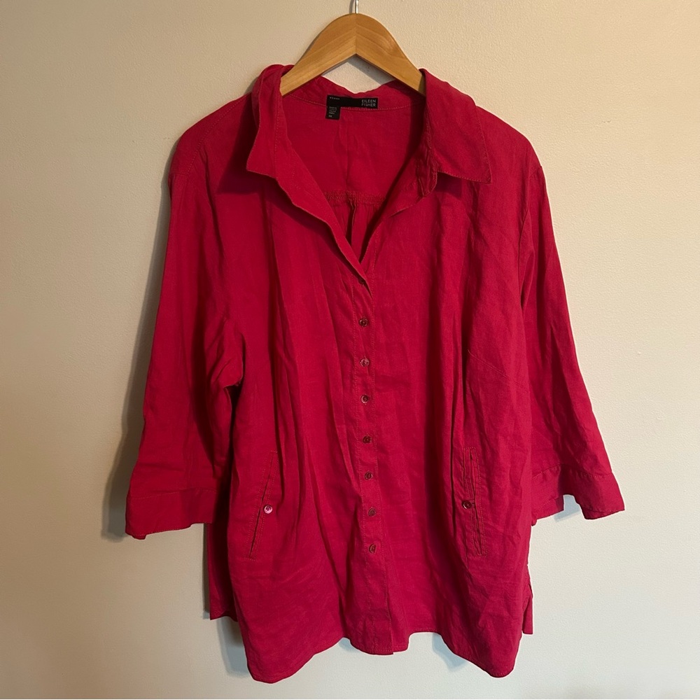 Eileen Fisher Vibrant Pink Button Up Linen Blouse Plus Size 1X - Picture 3 of 8